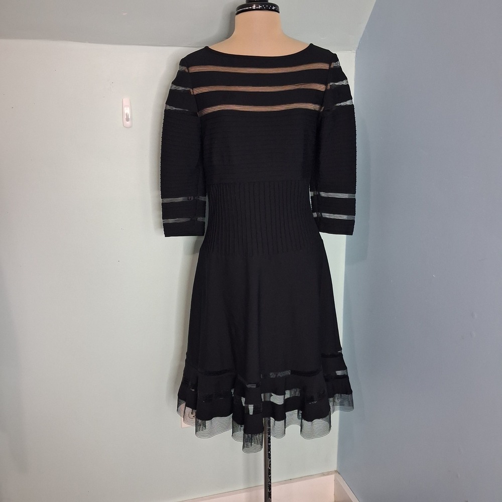 Tadashi Shoji Black Knit Mesh Pintuck Fit & Flare Cocktail Party Dress Small